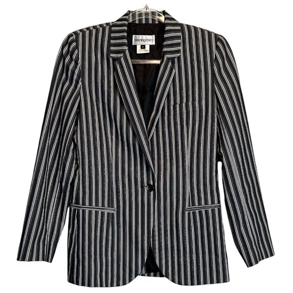 Bloomingdale's 6 Striped Collared One Button Blazer Black White Jacket - Picture 2 of 16